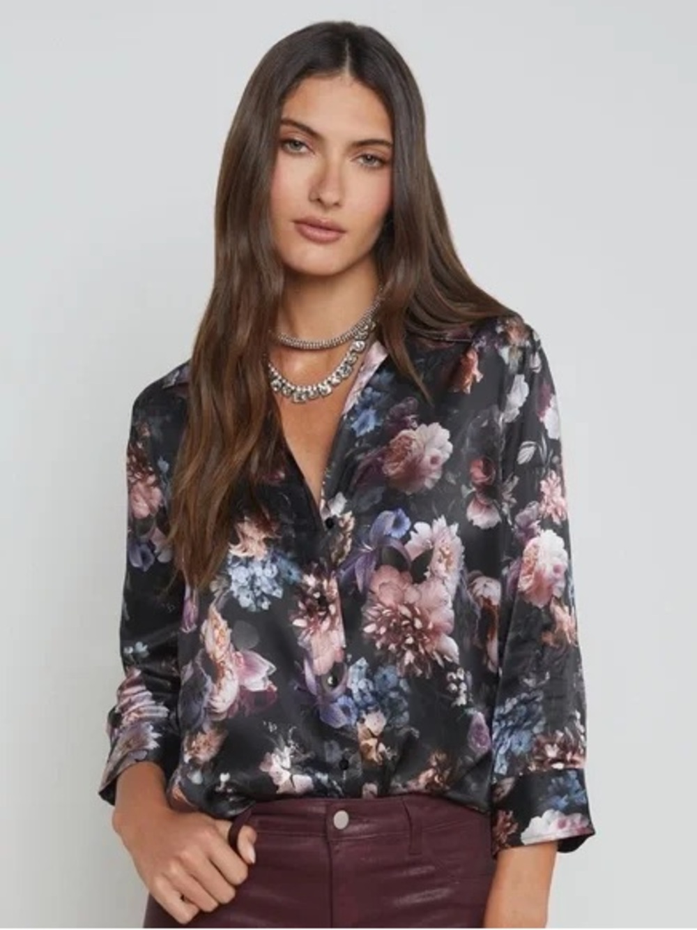 NWT L'Agence Dani Floral Silk Blouse - Black Multi Vintage Oil Flower